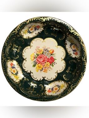 Daher Decorated Ware Metal Bowl - Green with Florals & Gold Accents